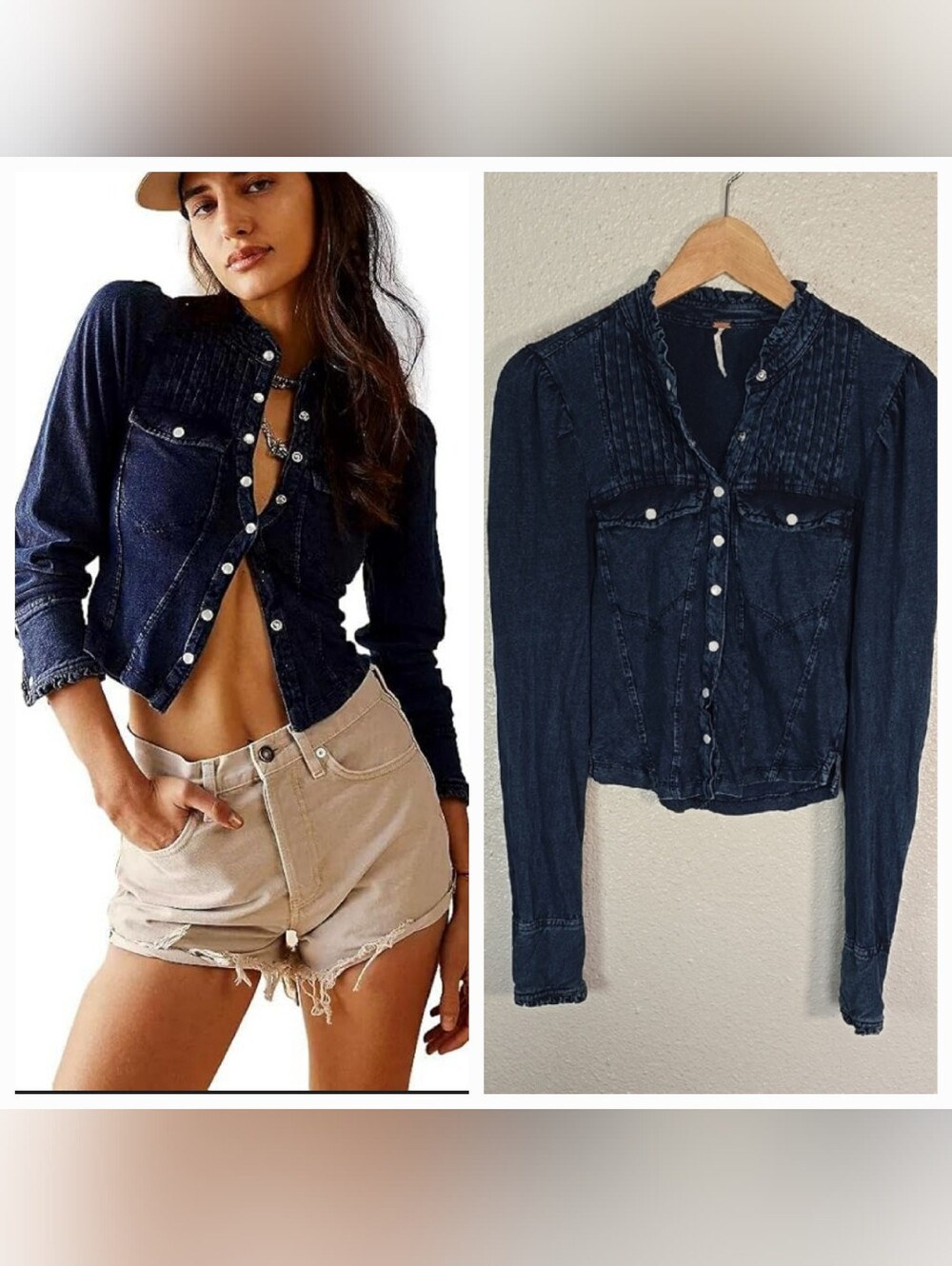 Free People Women's Dark Blue Denim Button-Down Shirt with Pintuck Yoke